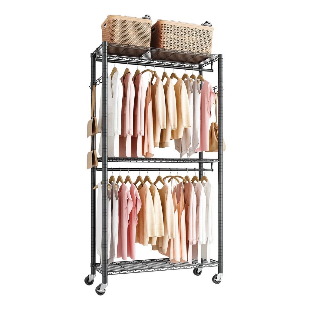 Rolling Clothes Rack, Heavy Duty Clothing Garment Rack, 3 Adjustable Tiers Clothing Racks with Carbon Steel, 204 kg Load Capacity Closet Wardrobe for