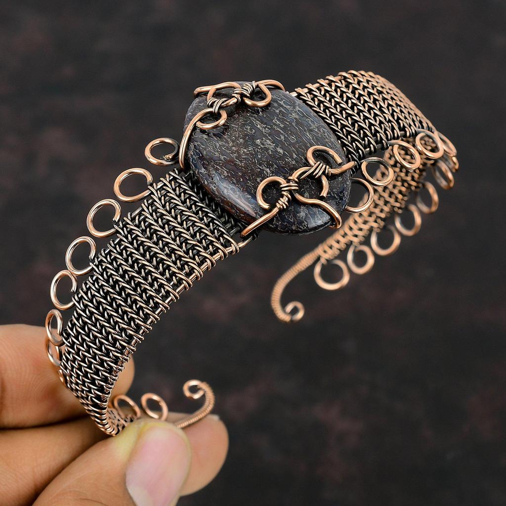 Браслет-манжета из кости динозавра, браслет из медной проволоки, регулируемый браслет-манжета, браслет из драгоценных камней, медная проволока ручной работы, ювелирное изделие, подарок для мамы