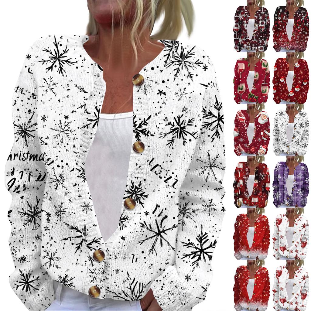 Women's Fashion Christmas Printed Long Sleeve Knitted Cardigan Button Down Jacket