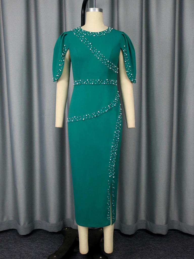 Женское Элегантное Вечернее Платье Большого Размера с Бусинами, Разрезом и Сборками