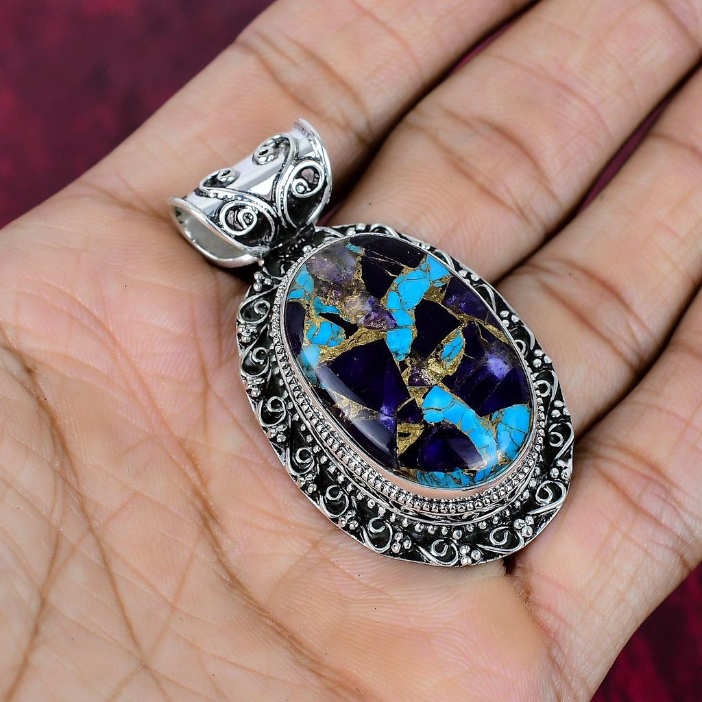 Медный Аметист Бирюза Кулон из драгоценных камней ручной работы, Кулон из стерлингового серебра 925 пробы, Антикварные украшения, Для Дня памяти