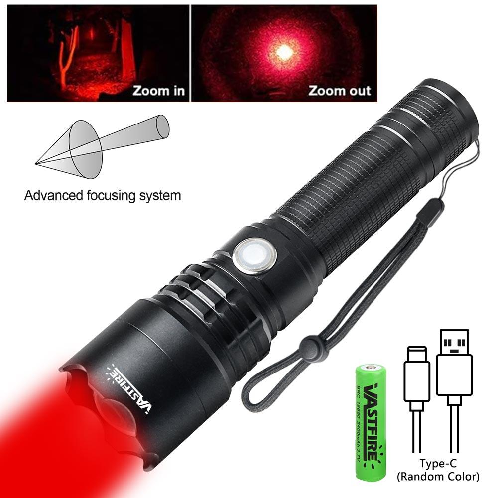 Powerful Red Light Flashlight Tactical Torch for Hunting 1-Mode Predator Handheld Torch+Clip+Tail Switch+18650+Charger Set