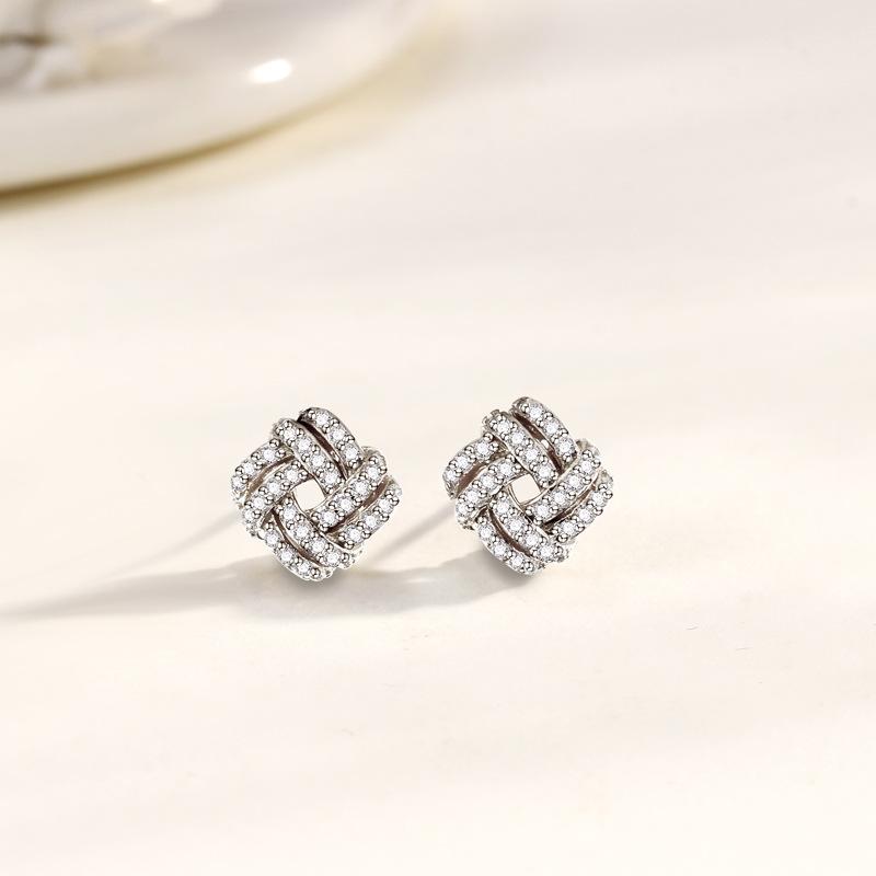 Stud Earrings Women's Square Staggered Design Full of Diamond Stud Earrings Exquisite Fashion Cold Wind Temperament Earrings