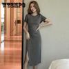 Женская летняя и корейская версия, простое элегантное облегающее платье средней длины с коротким рукавом