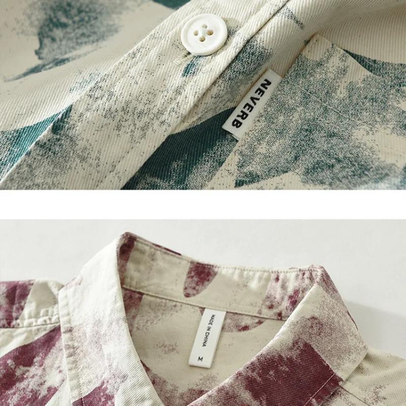 Весенние рубашки с принтом для мужчин, уличная одежда для мальчиков, свободные повседневные топы с длинными рукавами, лацканы, 100% хлопок, мужская одежда