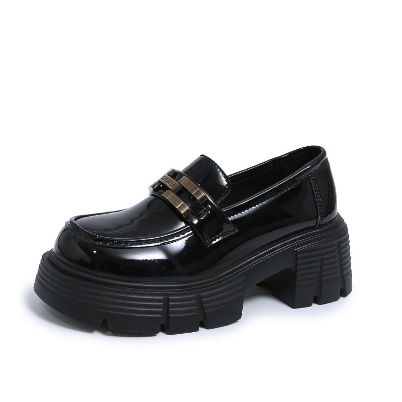 Black Retro British Style Loafer Single Shoes Women's 2025 Spring and Autumn New Thick Heel Thick Sole Height Increase with Skirt Small Leather Shoes