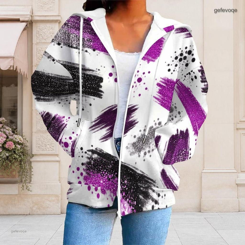 Women Plus Size Zip Up Drawstring Hoodie Long Sleeve Colorful Paint Splash Print With Pockets