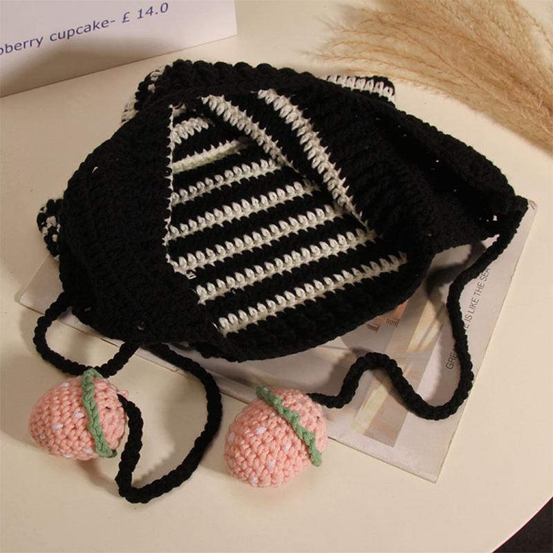 Женская шерстяная шапка с клубничным ремешком и кошачьими ушками в полоску, трикотажная защитная шапка для ушей, защищающая от холода