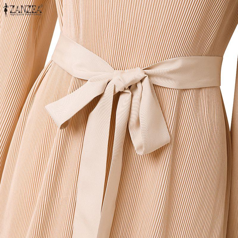 ZANZEA Женское платье с отложным воротником, свободного кроя, повседневное, с длинным рукавом, плиссированное, длинное