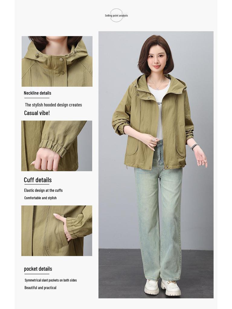 Женская куртка с капюшоном на весну и осень 2024 года: Модный, Повседневный, Свободный крой для среднего и пожилого возраста