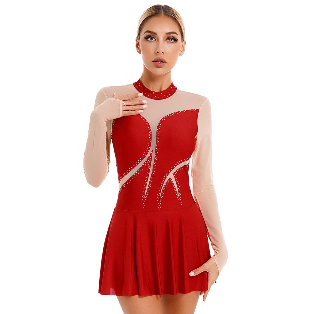 Womens Sparkly Lyrical Dance Costume Featuring Sheer Mesh Patchwork Long Sleeve Mock Neck Bodysuit with Rhinestone Details for Performances