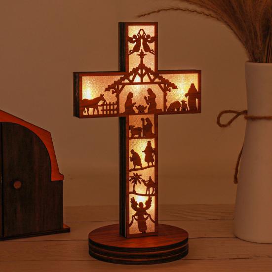 Christmas Wooden Nativity Scene Set Christian Religious Rustic Tabletop Decoration with LED Light for Shelf