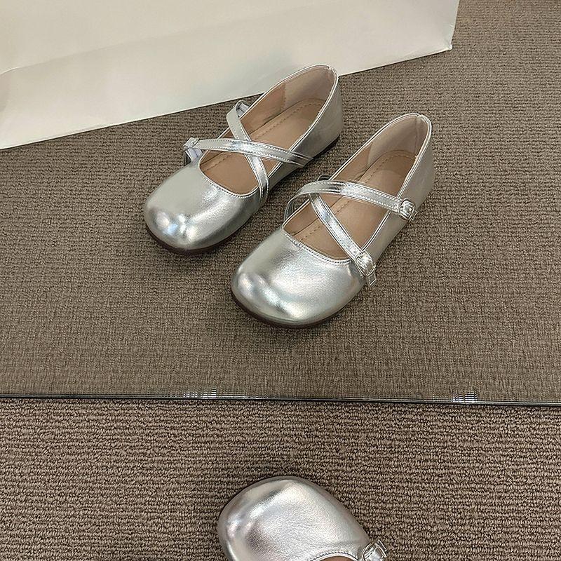 Crossed Silver Single Shoes Women's Flat-soled Soft-soled Light-mouth Round Head Mary Jane Gentle Wind Evening Shoes Fairy Beanie Shoes