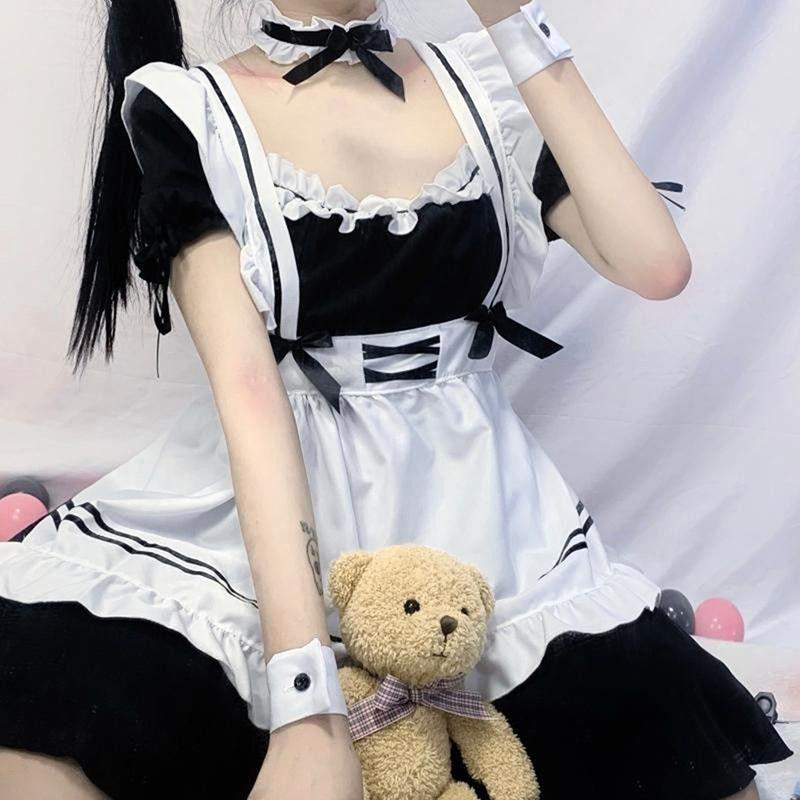Black Cute Lolita Maid Costumes Girls Women Lovely Maid Cosplay Costume Dress