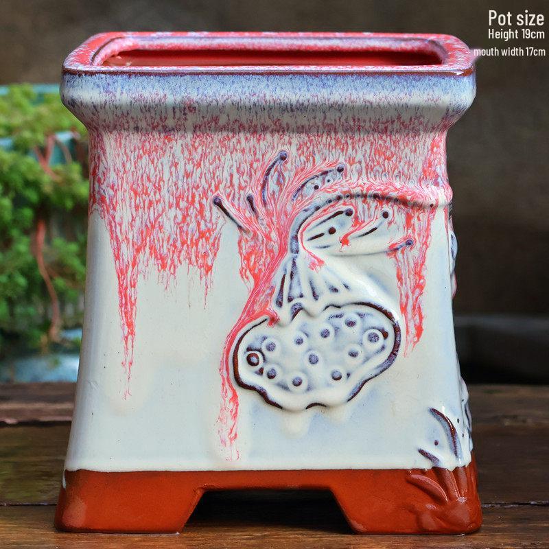 Yixing Handmade Square Mouth Coarse Pottery Planter - Large Succulent Flower Pot with Old Branch Design and Jade Pendant.