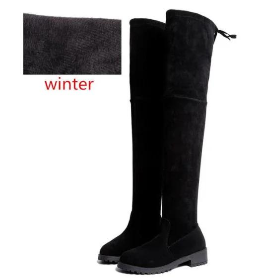 Мода 2024 года, черные высокие сапоги до бедра, женские зимние сапоги выше колена, плоские эластичные сексуальные модные туфли, весна-осень, повседневные