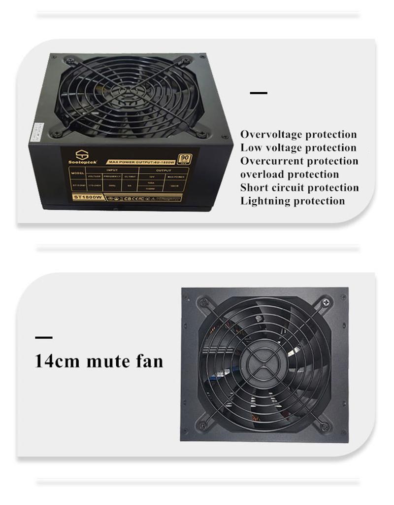 Блок питания ATX 1800 Вт для майнинга ETH Bitcoin, для ПК, майнинг-рига, поддержка 6 видеокарт, 6P портов, GPU, 4U, однополярный