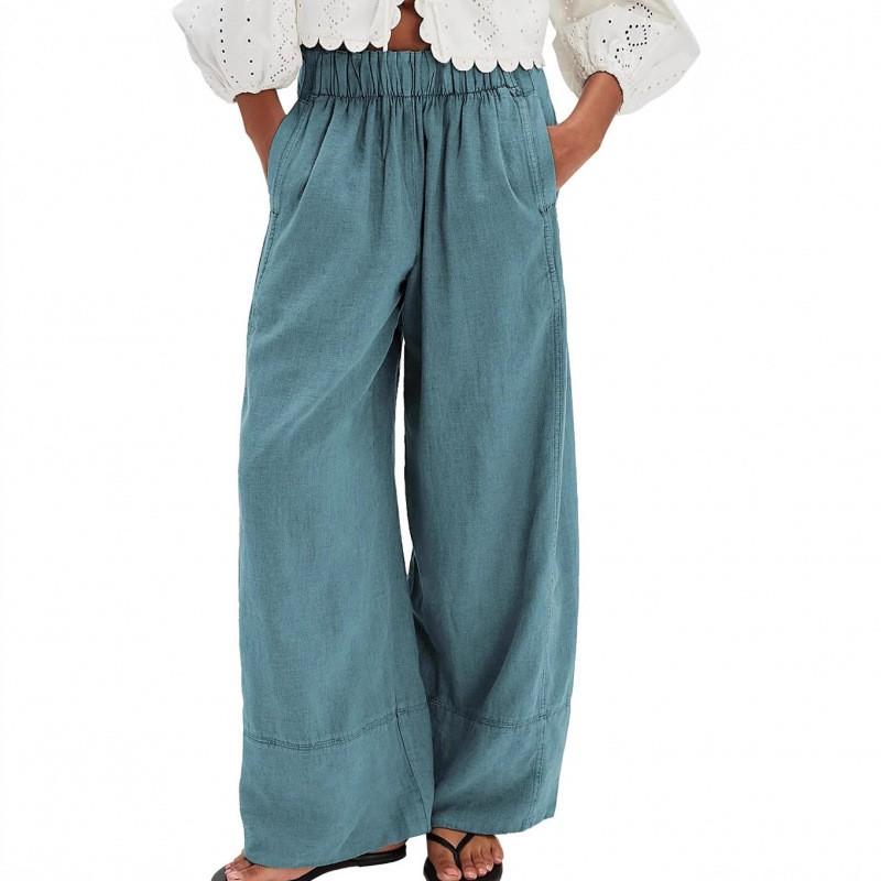 2026 Womens Plus Size Solid Color Stretchy Waist Wide Leg Pants Casual Loose Trousers