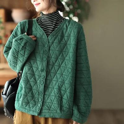 Осень и зима ретро мода литературный ромбический короткая куртка кардиган повседневный внешний хлопок женщины