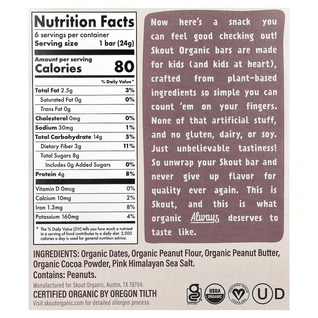 Skout Organic, Kids' Snack Bars, Chocolate Peanut Butter, 6 Bars, 24g (0.85oz) Each