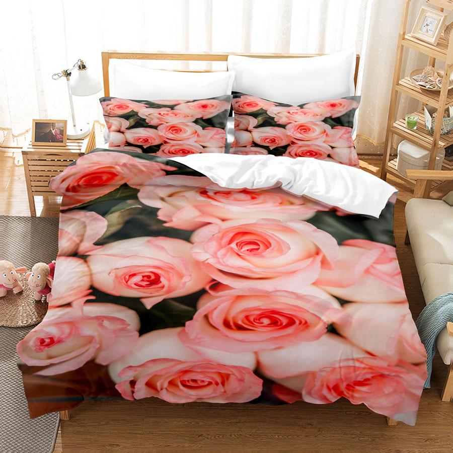 Pink Flower Duvet Cover and Pillowcases Set King Size 220x240 Double Bed Single 3D Queen Bedding Sets Pink Full Twin Quilt Linen