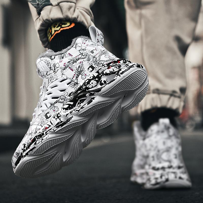 TUINANLE Мужские зимние ботинки с принтом граффити, зимние плюшевые теплые кроссовки на платформе, нескользящие, мужская спортивная обувь