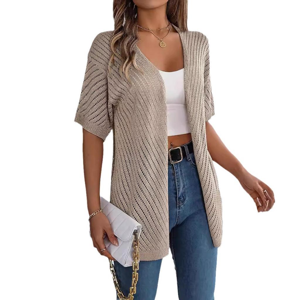 HNXC Summer Hollowed-out Short-sleeved Knitted Cardigan for Vacation Sun Protection Women's Wear