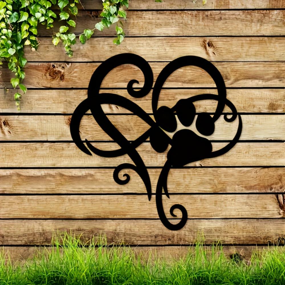 Modern Laser-Cut Iron Heart Paw Print Wall Decor, Indoor Outdoor Metal Art, Gift for Pet Lovers