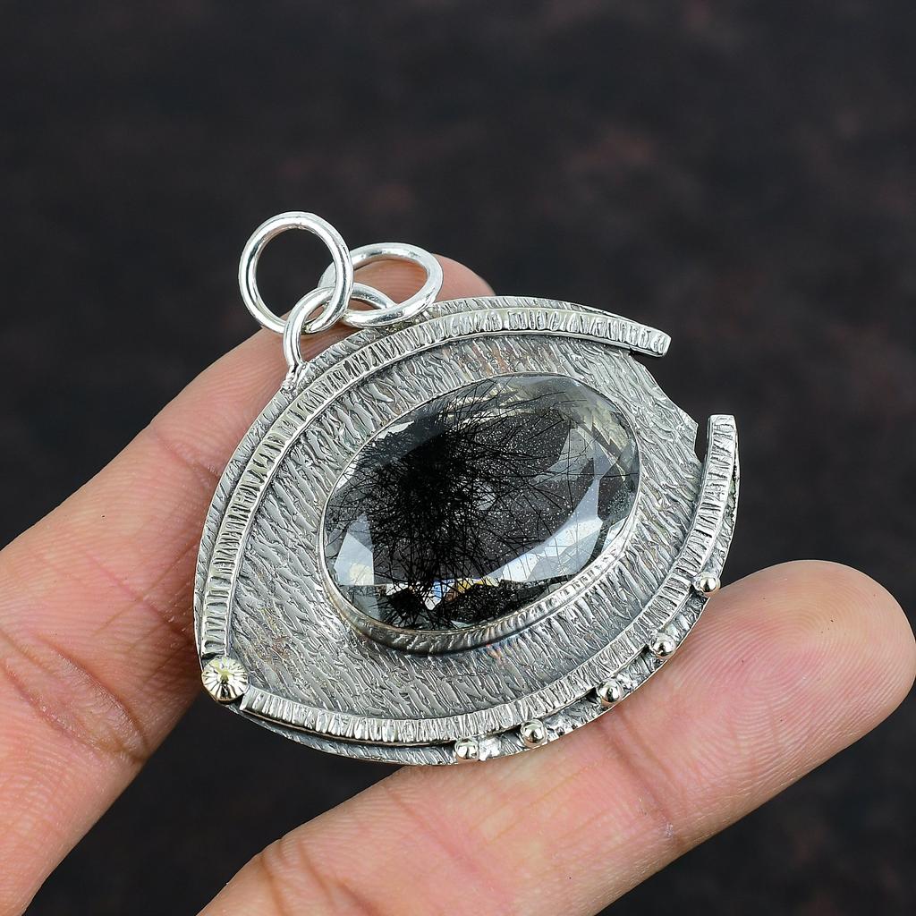 Подвеска из ограненного черного рутила с драгоценным камнем, изящная подвеска из стерлингового серебра 925 пробы, подвеска ручной работы из натурального черного рутила, ювелирные изделия в подарок маме