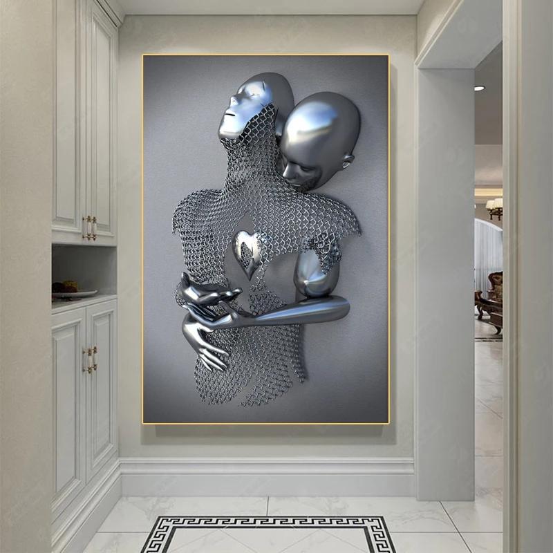 Современная металлическая фигурка, статуя, переплетение души, художественная роспись на холсте, абстрактная романтическая печать плакатов, настенная картина, декор комнаты, без рамки