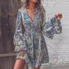 Bohemian Style Print Dresses for Women Fashion Bell Sleeves V-neck Elegant Ladies A-line Dress  Spring Summer Casual Beach Dress