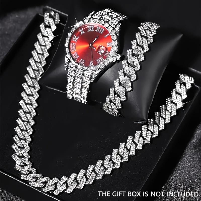 3 шт./компл. Круглые кварцевые часы со стразами, ремешок из сплава, корпус из сплава с указателем и серебристый браслет, ожерелье, подарок для женщин