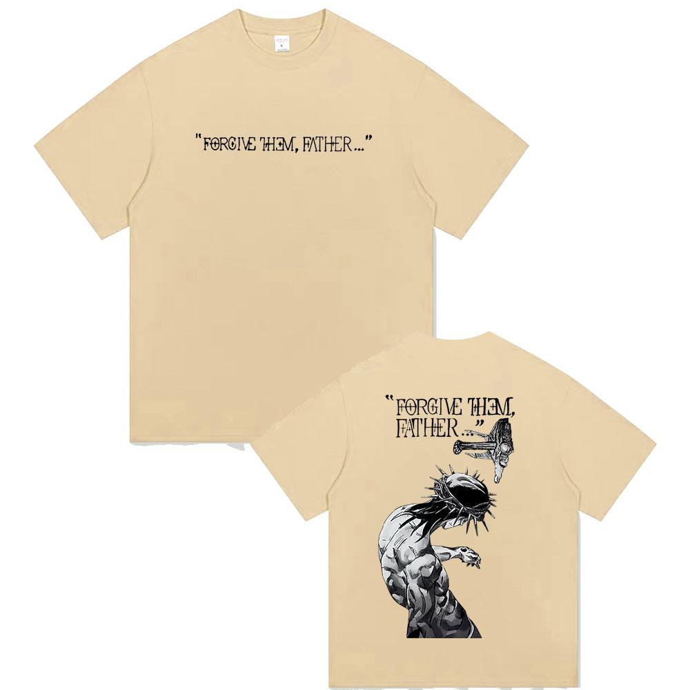 2025 Summer Christian Religious Jesus Forgive Them Father 100% Pure Cotton Printed Gothic Rock Oversized Male Breathable Tshirt