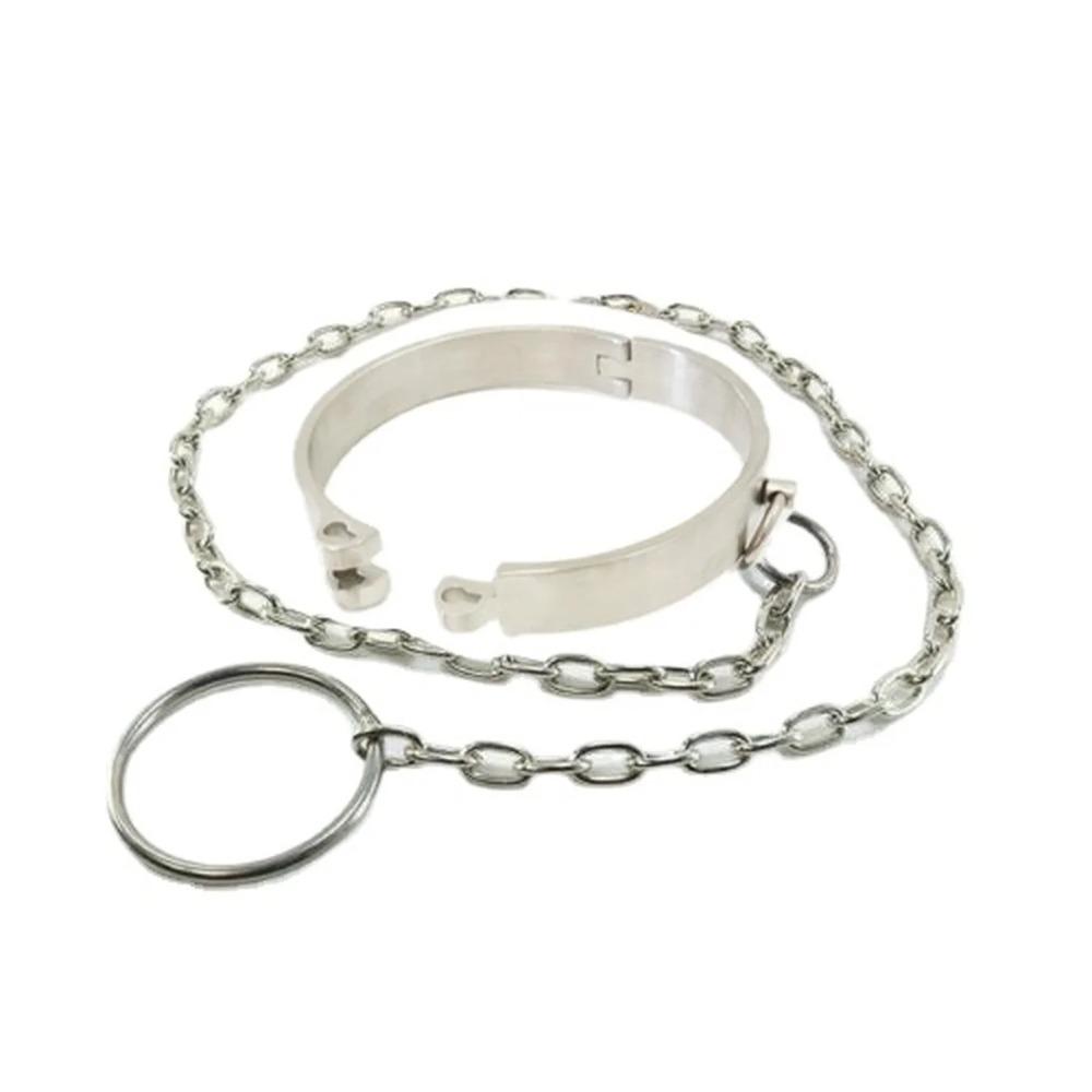 Запирающийся шейный ошейник из нержавеющей стали, металлическая цепь-поводок, бондаж, ограничение, раб, взрослые игры, эротические секс-игрушки для пар