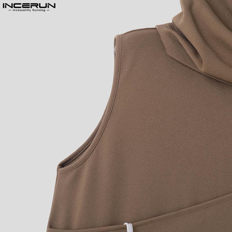 INCERUN Men High Cowl Neck Irregular Stitching Sleeveless T-shirt Casual Ruffled Tops
