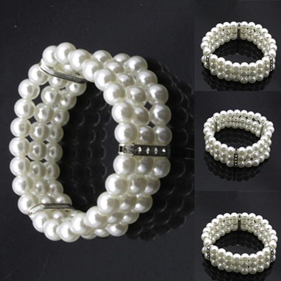 Fashion 3 Rows Faux Pearl Rhinestone Decor Elastic Stretchy Bangle Bracelet
