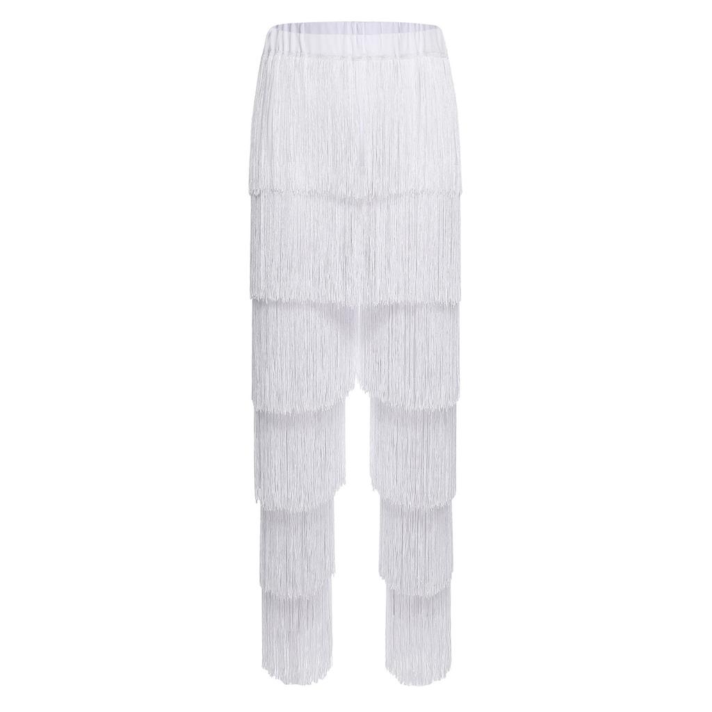 Womens Latin Dance Fringe Pants Elastic Waistband Contrast Color Tassel Trousers Cha Cha Tango Rumba
