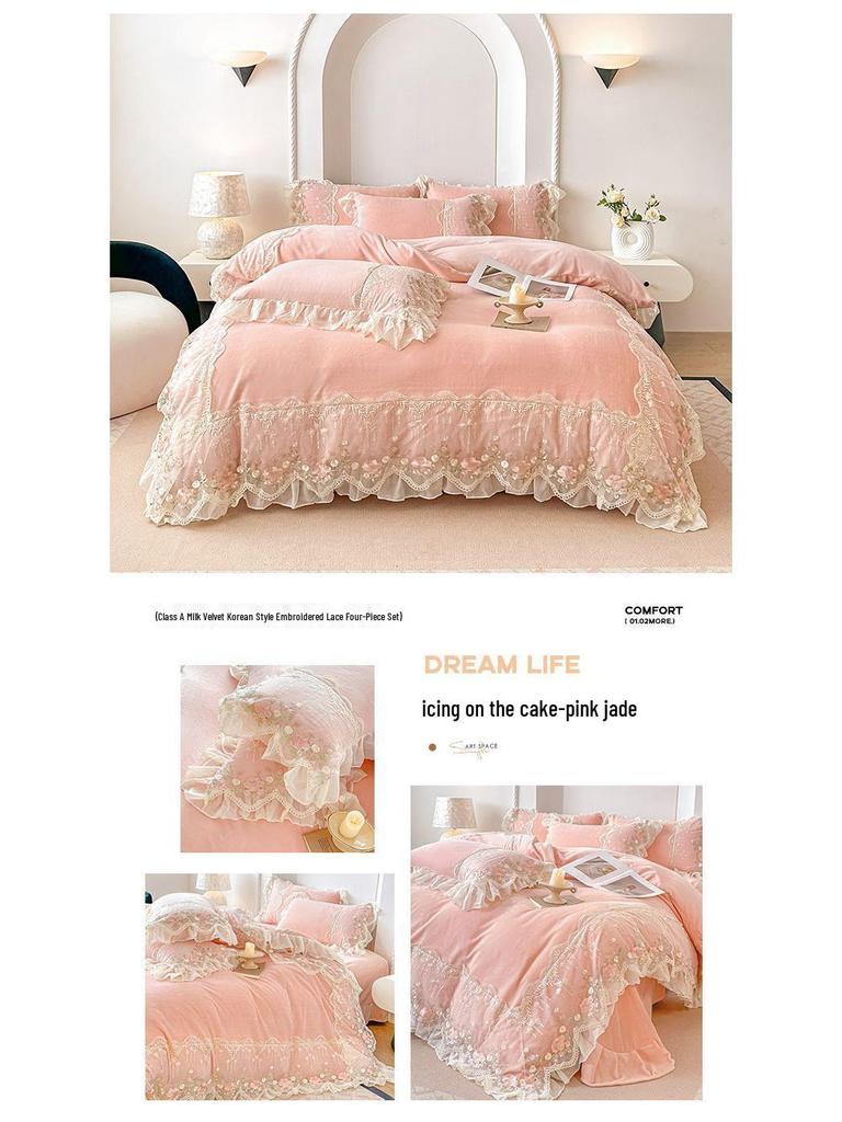 Корейский принцессный комплект из 4 предметов из молочного бархата с кружевной отделкой: Антистатичные простыни и пододеяльник из кораллового флиса