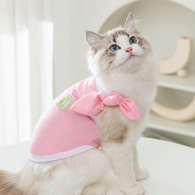 Летняя тонкая одежда для кошек Макарон бант на подтяжках Синий котенок Маленькая и средняя собака Одежда для питомцев