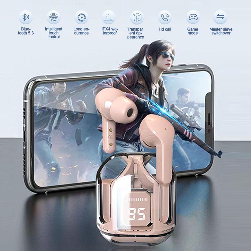 Transparent Wireless Bluetooth Earbud Noise Canceling Stereo Headphone with Digital Display Charging Case Waterproof Gaming
