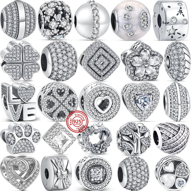Стерлингового серебра 925 пробы, белый прозрачный циркон, сверкающие модные бусины-клипсы, подходящие для браслетов, ювелирных изделий