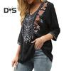 Women Blouse Traditional Mexican Women Embroidered Tops Loose Fit Bohemian Floral 3/4 Sleeve Shirt Daily Wear