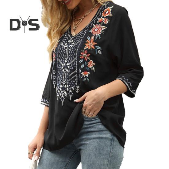Women Blouse Traditional Mexican Women Embroidered Tops Loose Fit Bohemian Floral 3/4 Sleeve Shirt Daily Wear