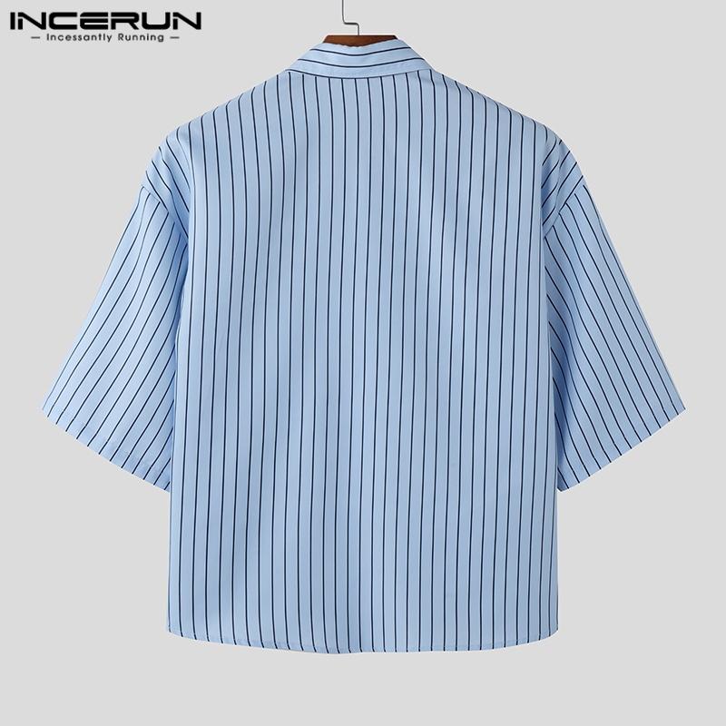 INCERUN Большие летние мужские повседневные рубашки с отворотом и коротким рукавом с вышивкой и цветочным принтом в полоску