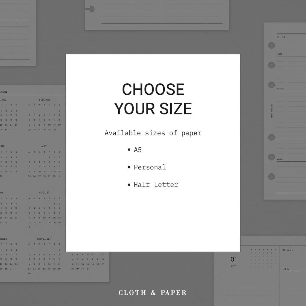 Ежедневник Cloth & Paper 2026 года erts - Начинается с понедельника | Размер A5 5,8 x 8,3 дюйма | Сменные блоки для 6-кольцевого планера | 2 дня на странице | Минималистичный ежедневник