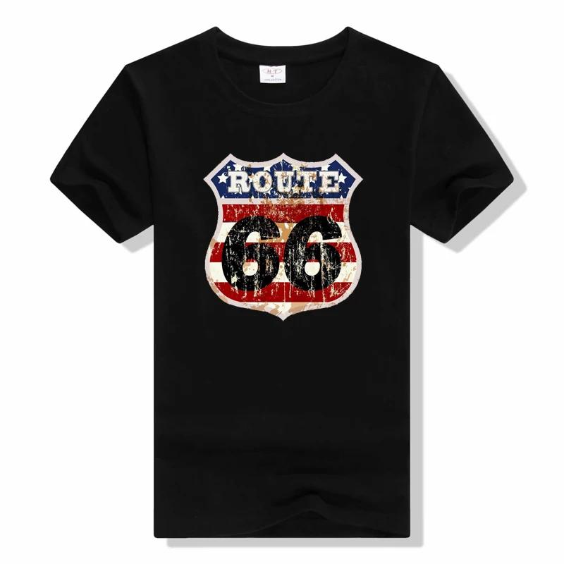 Футболка с мотоциклетным знаком Route 66 Летние футболки Винтажные с коротким рукавом Футболки с буквенным принтом America Route 66 Модные футболки с круглым вырезом