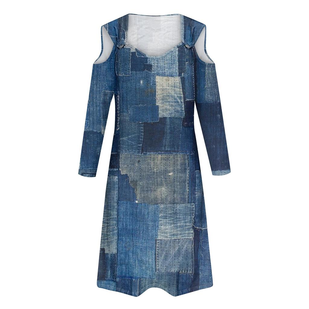 Женское осеннее и зимнее повседневное модное длинное платье с v-образным вырезом и длинным рукавом с принтом и карманом