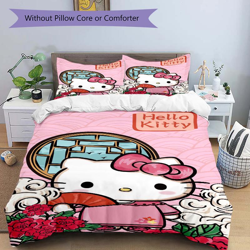 3 шт. Постельное белье в древнем стиле с рисунком Hello Kitty, комплект из трех предметов (1 Наволочка + 2 Наволочки, Без Наполнителей),  Мягкий и удобный W004