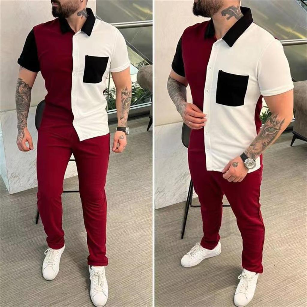 Autumn Men's Fashion Casual Color Matching Set Men's Shirt Short Sleeved Long Pants Trend Casual Sports Set