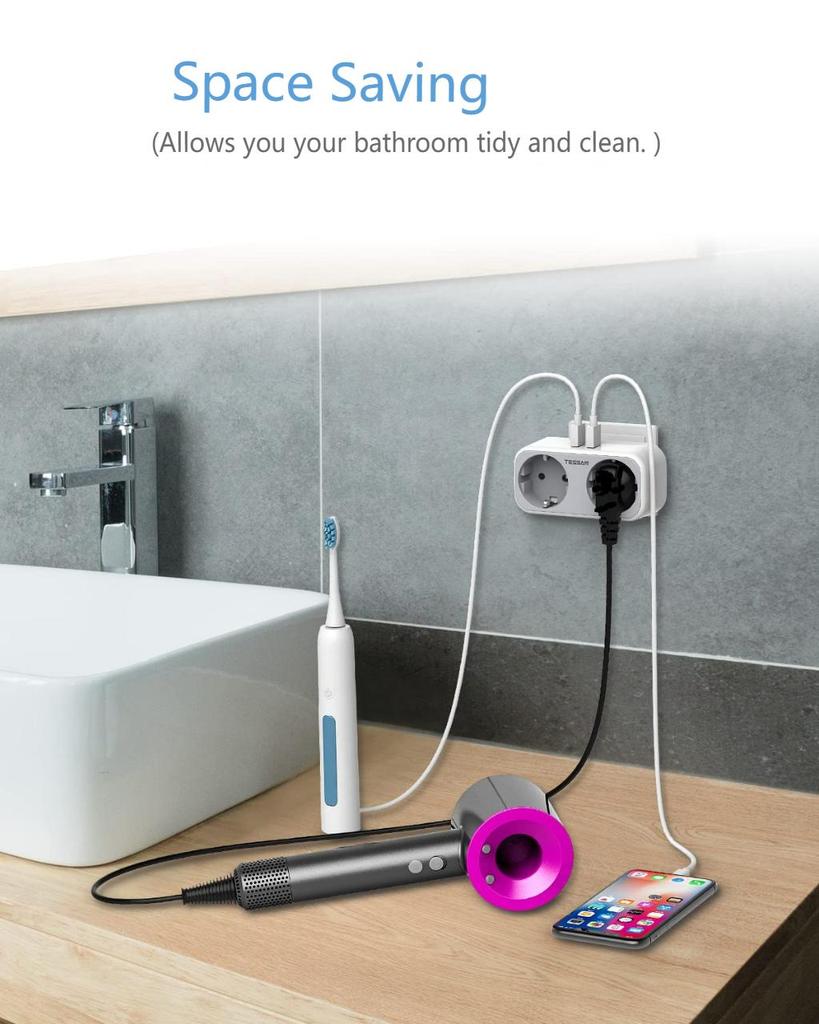 Tessan USB-адаптер европейского стандарта с 2/3 розетками переменного тока и 2 USB-портами для зарядки, настенная розетка USB-зарядное устройство с множеством средств защиты для дома, офиса, кухни